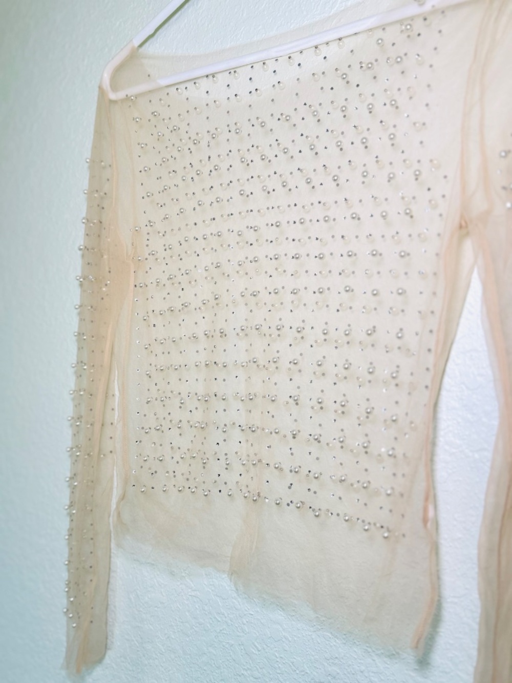 Sheer Beaded Mesh Crop Top Small Nude Pearl Studded Long Sleeve Glam Festival - Picture 3 of 5